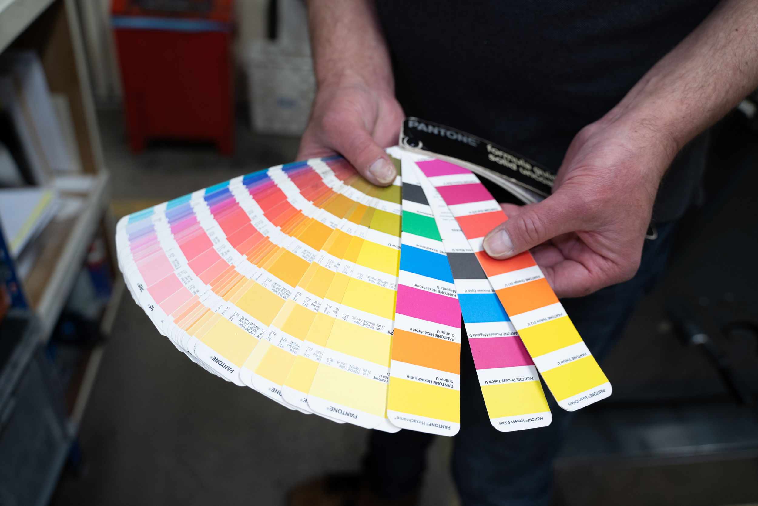 kleurenwaaier in handen